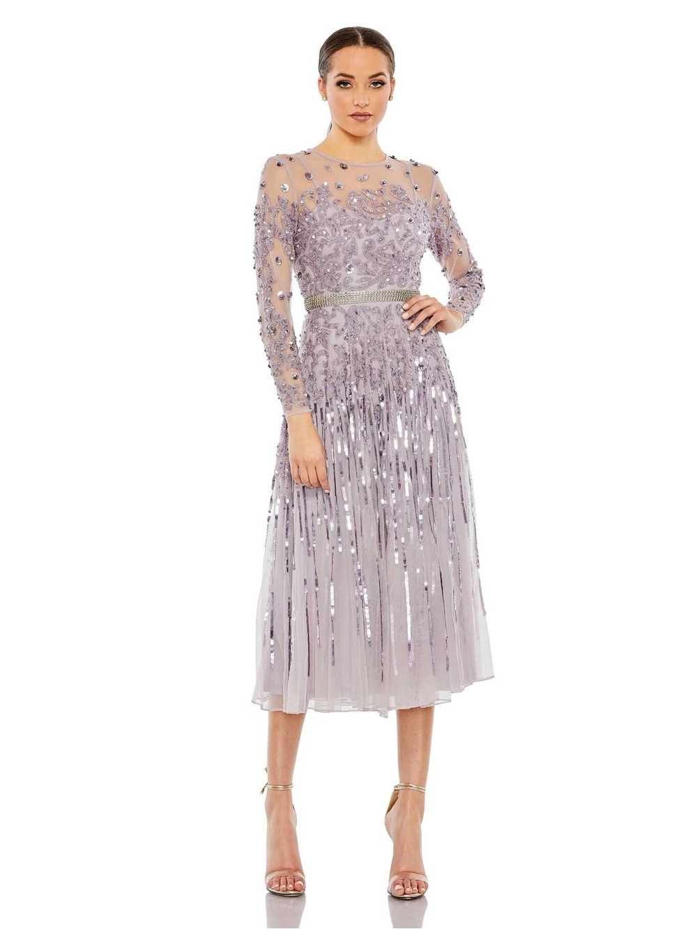 Mac Duggal 93633 Purple Long Sleeve Tea Length Dress Size 10 NWOT